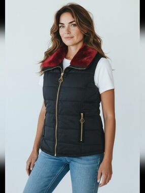 Frank Lyman Design Black Quilted Vest with Burgundy Trim
